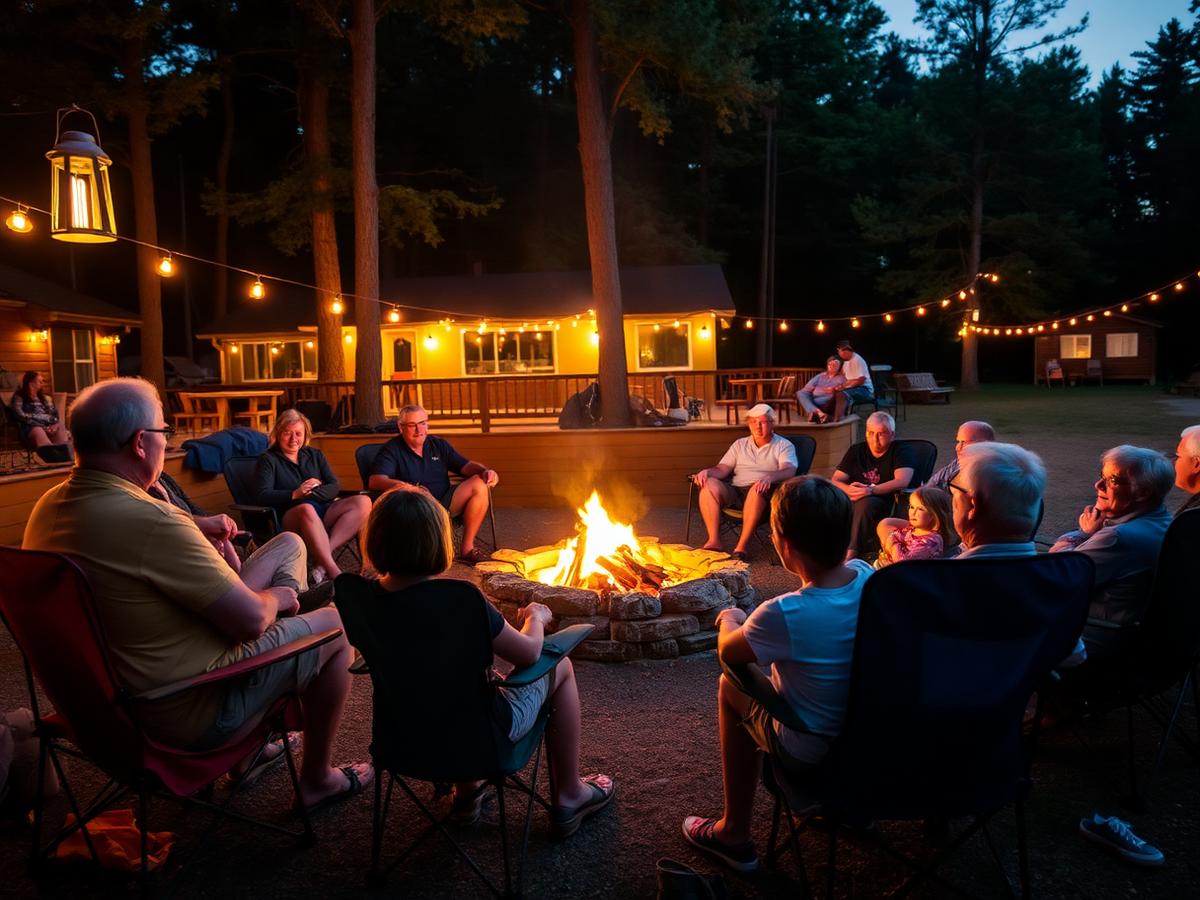 Neighbours gathered around an evening campfire